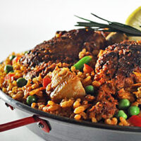 Paella with Sausage, Chicken, and Seafood